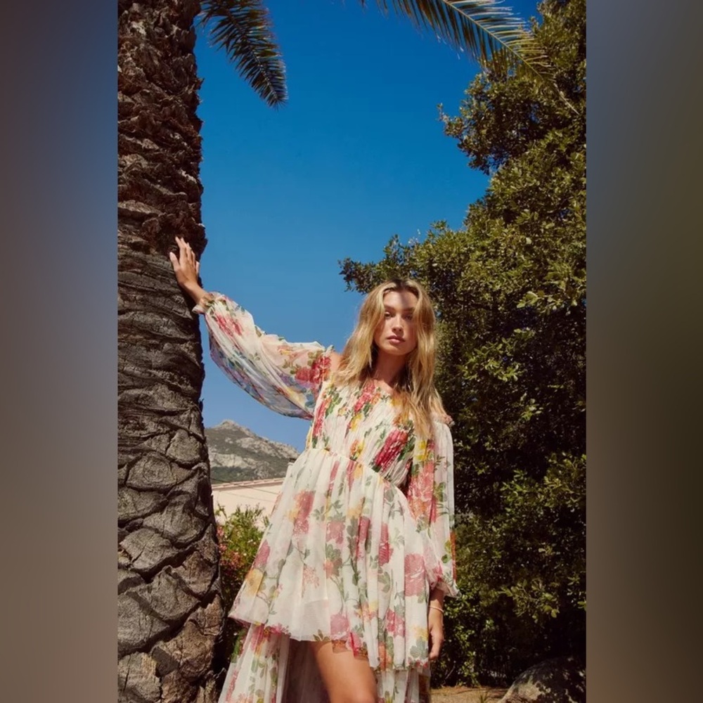 Floral Print Tiered Tulle Bardot Dress